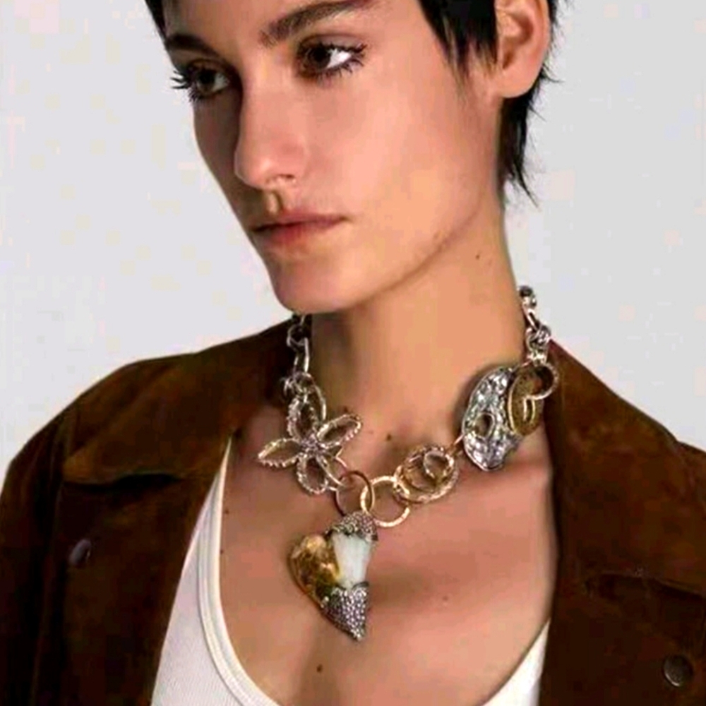 "Distressed"  Gold And Silver Horn Choker Necklace